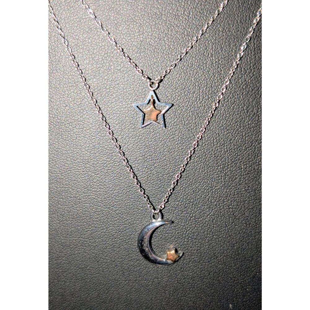 JCM Stainless Steel Double Strand Stars & Moon Two Tone Pendants Chain Necklace - Picture 3 of 6